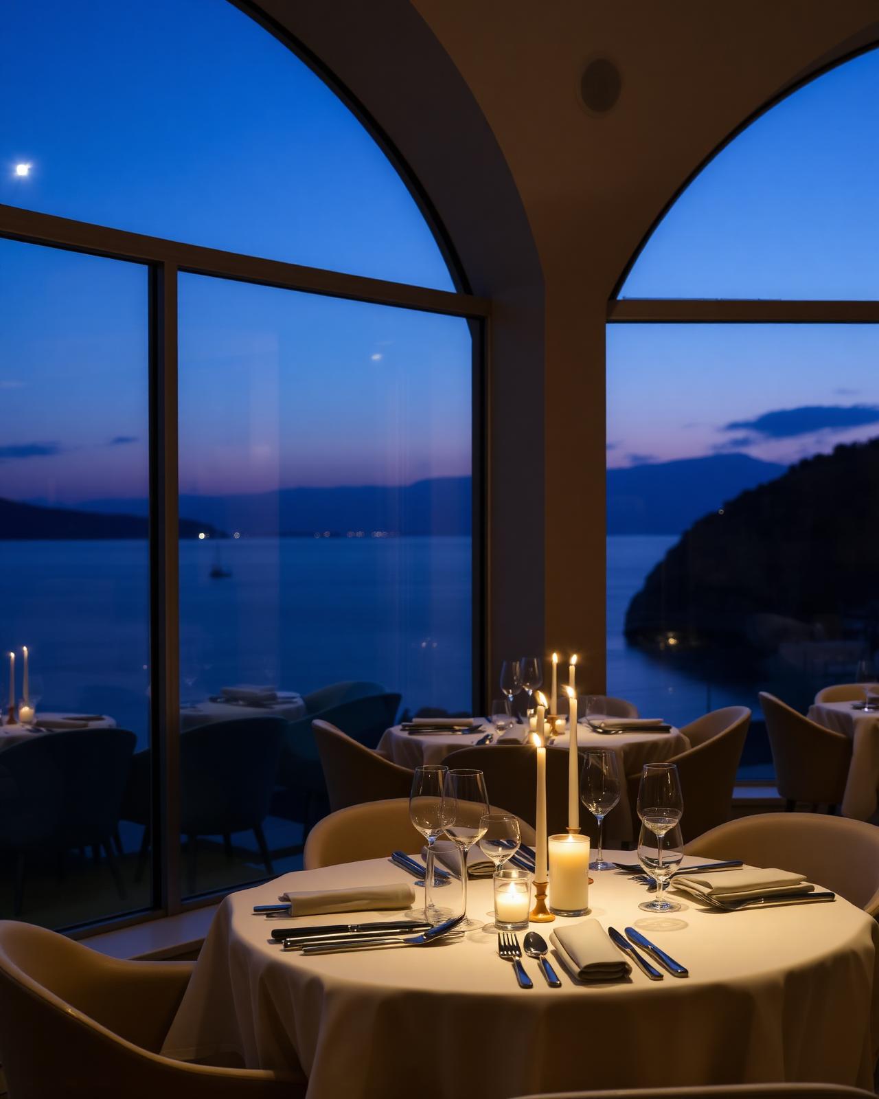 Boutique restaurant dining room overlooking the Adriatic